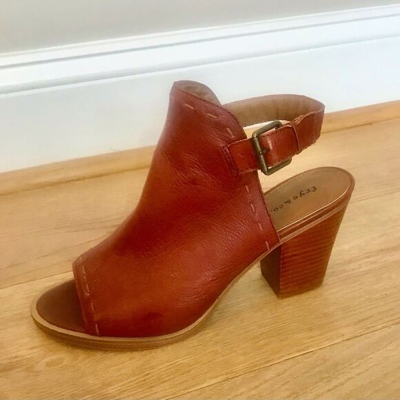 Frye Chestnut Brown Sling Back peep toe Chunky Leather Heels - Picture 9 of 9